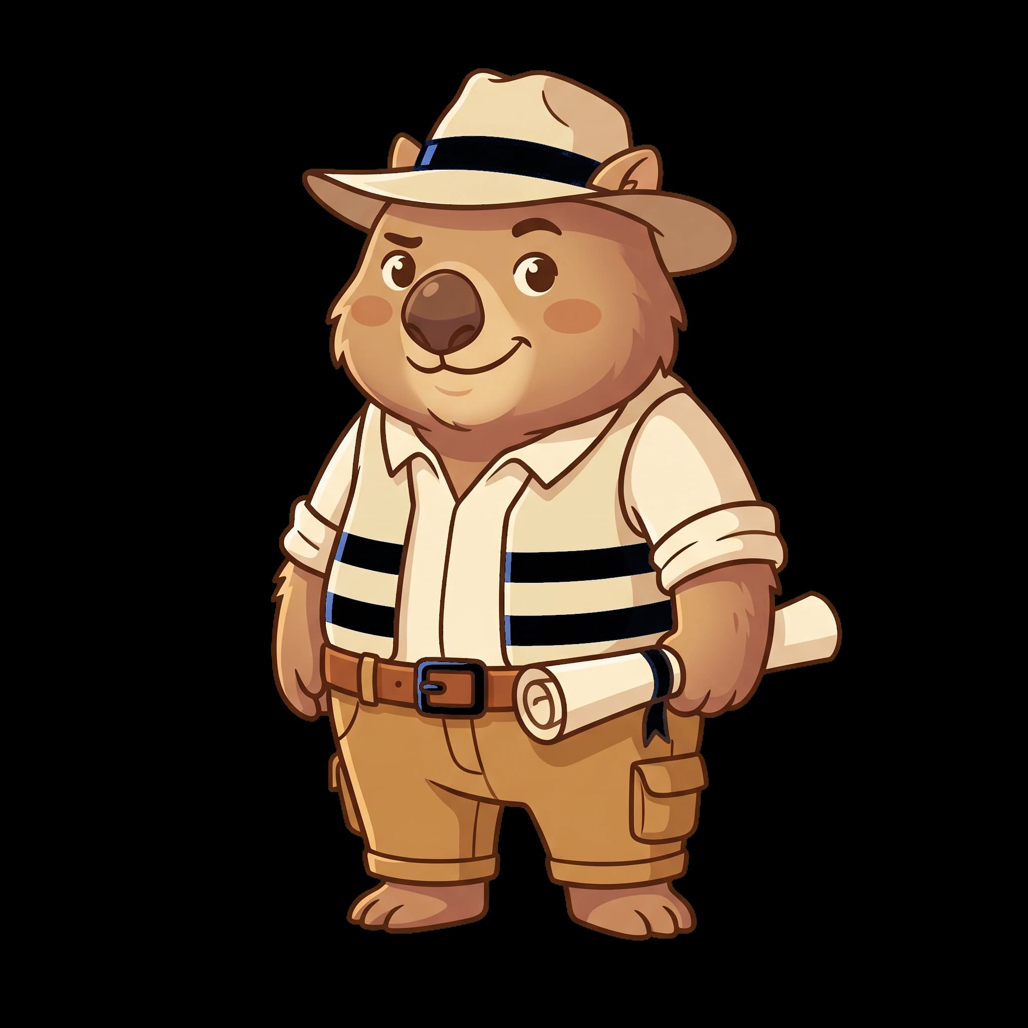 Wombat in builder kit, standing in the woodland clearing